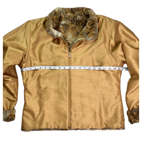Boutique - Reversible Shantung Taffeta Brilliant Gold Ultra-Soft Faux Fur Coat M - Picture 10 of 16